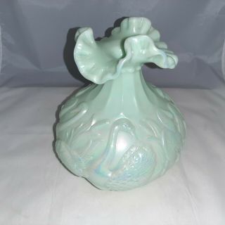 Fenton Art Glass Swan Vase Sea Green Iridescent 7 " Height