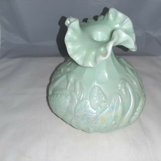 Fenton Art Glass Swan Vase Sea Green Iridescent 7 