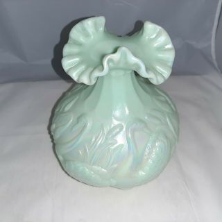 Fenton Art Glass Swan Vase Sea Green Iridescent 7 