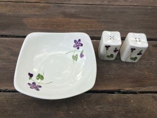 Orchard Ware Wood Violet Bowl & Salt And Pepper Shakers Made In California