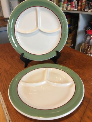Set Of 2 Mcnicol China Sage Green W/ Cranberry Stripe A 73 Grill Plates.  Euc.