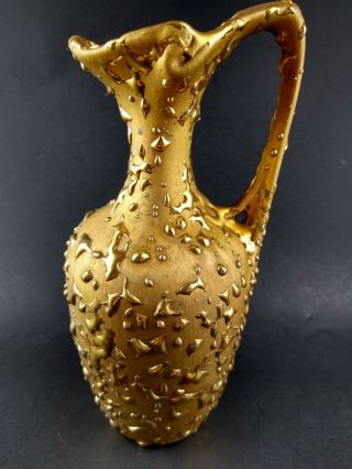 Vintage Hand Decorated 22 K Weeping Bright Gold Pitcher Bud Vase Usa