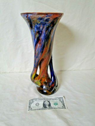 Vintage Adam Jablonski Art Glass Vase Red,  Orange,  Blue,  Green 13.  5 "