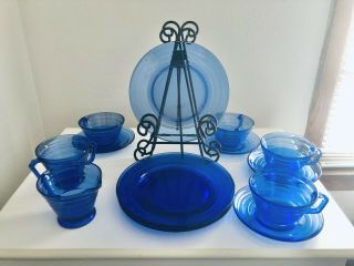 Set Of 14 Vintage Hazel Atlas Moderntone Depression Glass Dishes Cobalt Blue