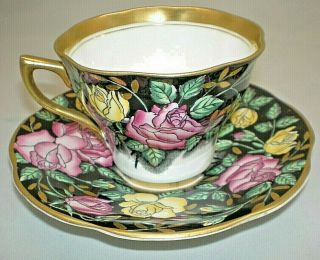 Vintage Rosina English Bone China Tea Cup And Saucer Pink Yellow Roses Gold Rim