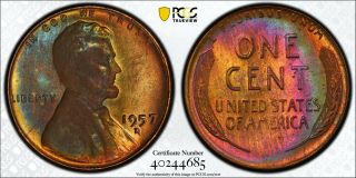 1957 D Lincoln Wheat Penny Pcgs Ms65rb Dms Toned Registry Coin Trueview