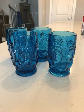 Set Of 4 Le Smith Moon And Stars Blue Flat Bottom Tumblers,  Water Glasses,  4.  5”