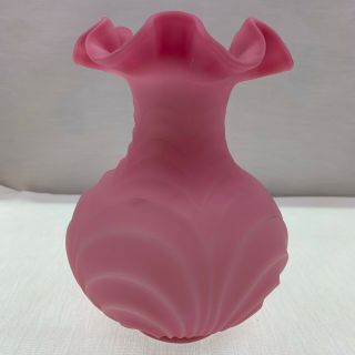 Large Vintage Fenton Pink Satin Glass Drapery Vase Ruffle Edge - Label