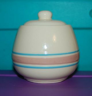 Vintage Mccoy Usa Pottery Pink & Blue Stripe 3 " Sugar Bowl With Lid 7020 Round