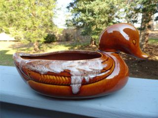 Vintage Made In Usa Drip Glaze Pottery Duck Planter Brown/white 830