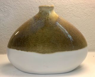 Vintage Mid - Century Harris Pottery Chicago Brown White Flat Round Glazed Vase