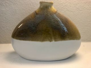 Vintage Mid - Century Harris Pottery Chicago Brown White Flat Round Glazed Vase 2