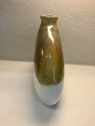 Vintage Mid - Century Harris Pottery Chicago Brown White Flat Round Glazed Vase 3