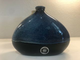 Vintage Mid - Century Harris Pottery Chicago Blue Black Flat Round Glazed Vase