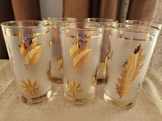 Set Of 6 Vintage Libbey Frosted Gold Leaf Tumblers High Ball Glasses