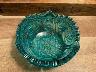 Vintage Teal Blue / Green Cut Glass Bowl Sawtooth Rim Pinwheel Design 7.  5 " X 4 "