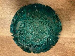 Vintage Teal Blue / Green Cut Glass Bowl Sawtooth Rim Pinwheel Design 7.  5 