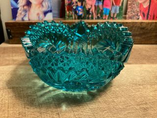 Vintage Teal Blue / Green Cut Glass Bowl Sawtooth Rim Pinwheel Design 7.  5 