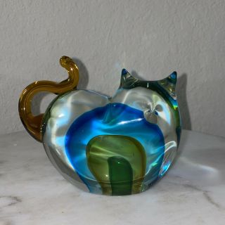 Mid Century Vintage Murano Art Glass Cat Heart Rainbow