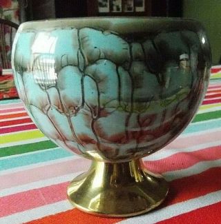 Vtg Delft Delftware Footed Bowl 5 " Tall Marbled Turquoise Brass Handpainted