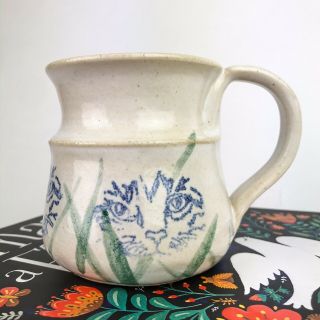 Vintage Cat Mug Handmade Pottery Glazed Coffee Cup Artist Signed Rustic