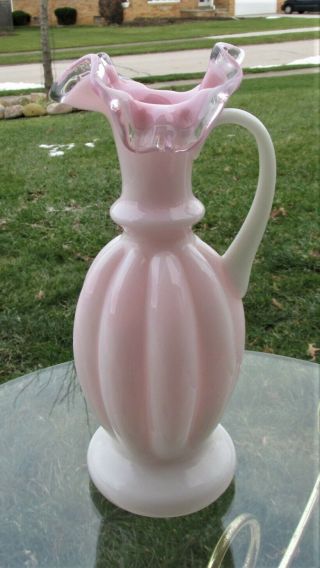 Rare 9.  25 " Vintage Fenton Pink Pitcher Ewer Silver Crest Ruffled Top Melon Vase
