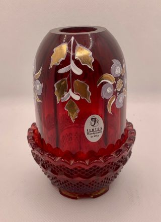 Fenton Hand Painted Red Fairy Lamp With White Flowers