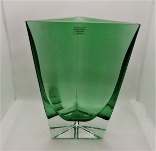 Krosno Poland Art Glass Vase Triangle Ice Block Emerald Green 8 - 1/2 " T X 6 " W