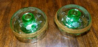 Vintage Uranium Green Depression Glass Candle Stick Holders Gold Trim Etched