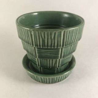 Vintage Mccoy Green Basketweave Flower Pot On Saucer (one Piece)