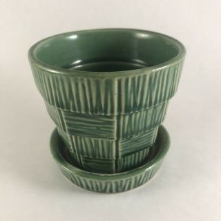 Vintage McCoy Green Basketweave Flower Pot on Saucer (one piece) 2