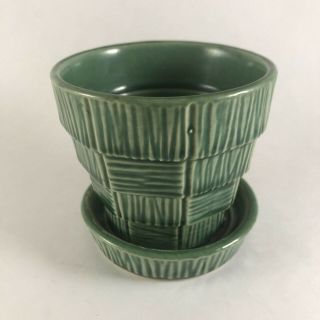 Vintage McCoy Green Basketweave Flower Pot on Saucer (one piece) 3