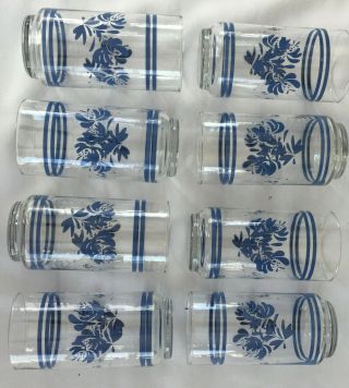 Vintage Libbey Drinking Glass Tumblers 16 Oz.  Clear Blue Floral Set Of 8