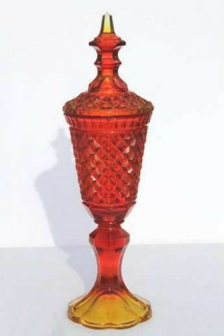 Vtg L.  E.  Smith Amberina Glass (red /orange) Apothecary Jar / Candy Dish W/ Lid