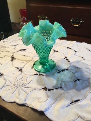 Fenton Green Opalescent Hobnail Miniature Trumpet Vase