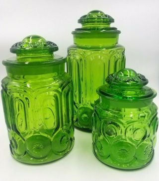 Vintage L.  E.  Smith Green Moon & Stars - Set Of 3 Canister Set W/lids