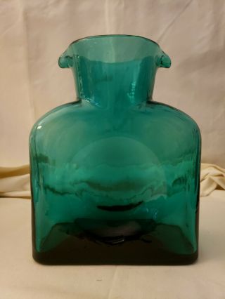 Vintage Blenko Sea Green Hand Blown Art Glass Double Spout Pitcher Made In Usa