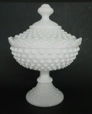 Fenton White Milk Glass Hobnail Pedestal Candy Dish With Lid