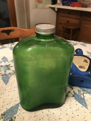Vintage 1931 Hemingray Glass Co.  Green Refrigerator Water Bottle Embossed 2 Qt