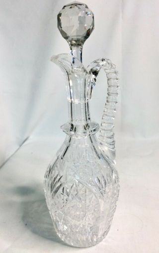 Vintage Antique Etched Glass Handle Wine Decanter Vinegar Cruet W/ Stopper