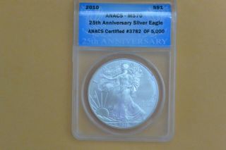 2010 $1 American Silver Eagle Anacs Ms70 - Spotted