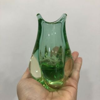 Murano Style Green Yellow Swirl Art Glass Crystal Small Bud Vase 5”tall - Rare