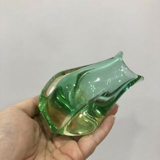 Murano Style Green Yellow Swirl Art Glass Crystal Small Bud Vase 5”Tall - Rare 2