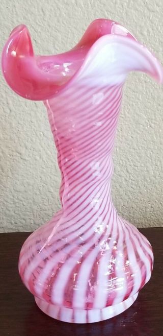Vintage 1930s Fenton Art Glass Cranberry Opalescent Spiral Optic Swirl 8 " Vase