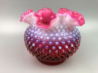 Vintage Fenton Cranberry Opalescent Hobnail Ruffled Rim Vase