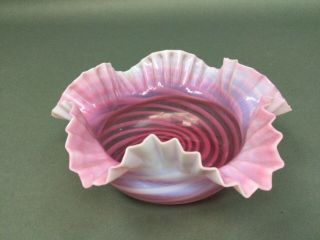Czech Vintage Cranberry Opalescent Spiral Optic Ruffled Edge Bowl