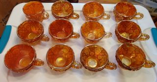 Vintage Orange Carnival Glass Punch Bowl Cups,  Set Of 12