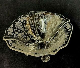 Vintage Cambridge Rosepoint Floral Etched Glass Footed Candy Dish Bowl