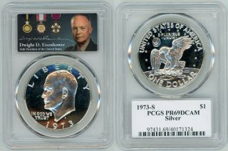 1973 S Silver Eisenhower Dollar $1 Pcgs Pr69dcam Medal Label