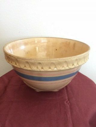 Vintage Antique (?) Yellow Ware Crock Bowl Blue & Pink Stripes Marked Usa